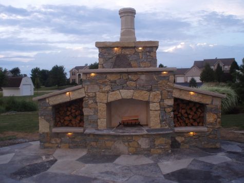 Outdoor fireplace with night lights